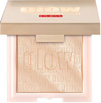 PUPA rozświetlacz w kompakcie, jasny, z wytłoczonym napisem "glow", otwarty, efekt czystego światła.