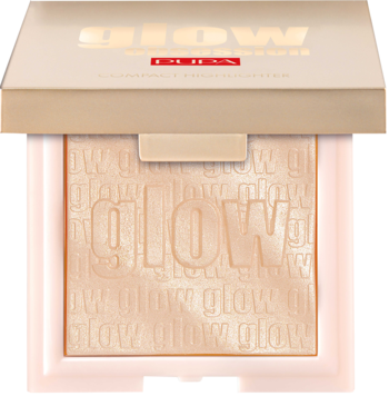 PUPA rozświetlacz w kompakcie, jasny, z wytłoczonym napisem "glow", otwarty, efekt czystego światła.