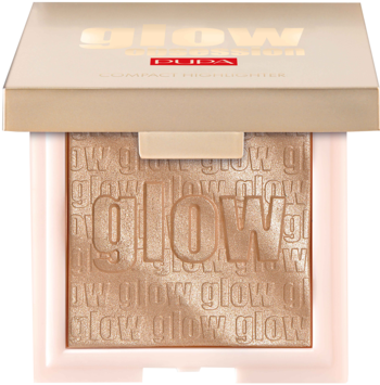 Złoty rozświetlacz Pupa Glow w otwartym kompakcie, z wytłoczonym napisem 'glow' na powierzchni.