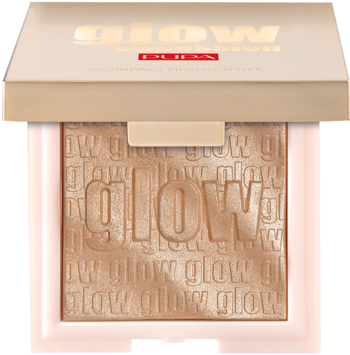 Złoty rozświetlacz Pupa Glow w otwartym kompakcie, z wytłoczonym napisem 'glow' na powierzchni.