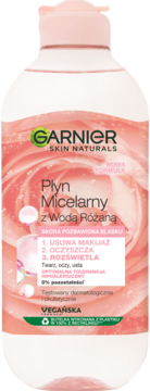 Garnier Płyn Micelarny z Wodą Różaną, różowy, do demakijażu, w przezroczystej butelce z różową etykietą, widok z przodu.