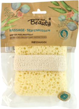 Zapakowana, żółta gąbka do masażu Rossmann z beżową gumką, do umieszczania mydła i delikatnego peelingu.