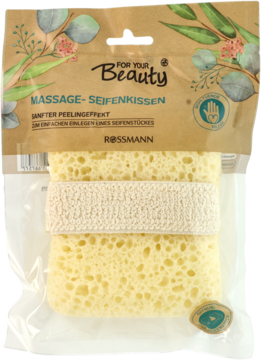 Zapakowana, żółta gąbka do masażu Rossmann z beżową gumką, do umieszczania mydła i delikatnego peelingu.