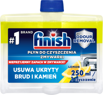 Finish płyn do czyszczenia zmywarki cytrynowy 250 ml, butelka z niebieską nakrętką, widok z przodu.