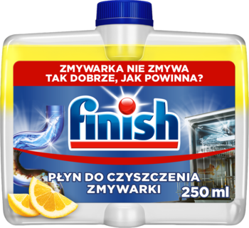 Finish płyn do czyszczenia zmywarki 250ml, butelka żółto-niebieska z cytrynowym zapachem, z przodu.