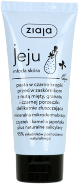 Biała tubka Ziaja Jeju, pasta przeciw zaskórnikom dla młodej skóry z miętą i granatem, widok z przodu.