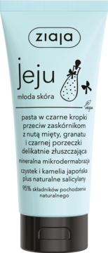 Ziaja Jeju pasta w czarne kropki dla młodej skóry, błękitna tubka z czarnym tekstem i grafiką Jeju, przód.