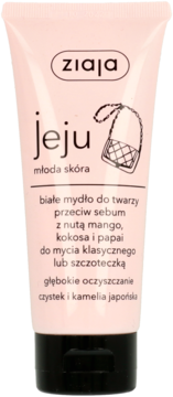 Ziaja Jeju białe mydło do twarzy przeciw sebum w różowej tubce dla młodej skóry, widok z przodu.