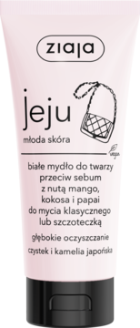 Ziaja Jeju białe mydło do twarzy przeciw sebum z mango, kokosem i papają, w jasnoróżowej tubce, widok z przodu.