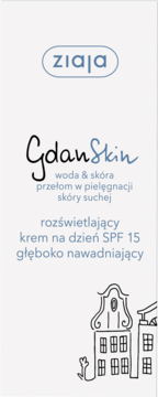 Ziaja GdanSkin krem na dzień SPF 15 głęboko nawadniający, do suchej skóry, z grafiką budynków Gdańska.
