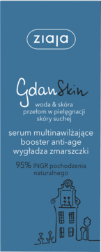 Niebieskie opakowanie serum Ziaja GdanSkin, widok z przodu. Tekst: booster anti-age, dla skóry suchej. Z rysunkiem kamienicy.