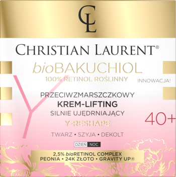 Christian Laurent bioBAKUCHIOL krem-lifting 40+ w białym opakowaniu ze złotymi i różowymi detalami, widok z przodu.