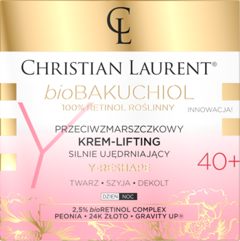 Christian Laurent BioBakuchiol krem-lifting 40+ z roślinnym retinolem, białe pudełko z różową literą Y, front.