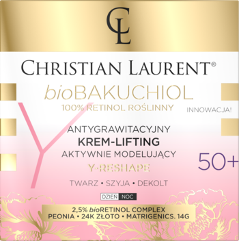 Christian Laurent bioBAKUCHIOL 50+ krem-lifting Y-RESHAPE w złoto-różowym pudełku, widok z przodu.