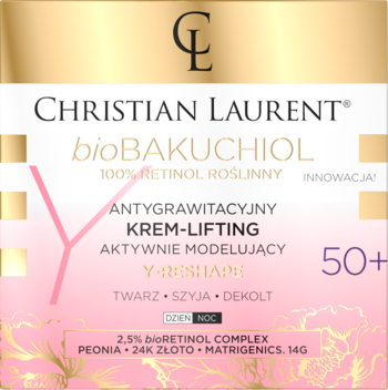 Christian Laurent bioBakuchiol Krem-Lifting 50+ z 2.5% roślinnym retinolem, złoto-różowe opakowanie, Y-RESHAPE.