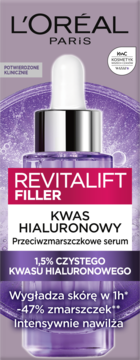 Fioletowe serum L'Oréal Revitalift Filler Przeciwzmarszczkowe z Kwasem Hialuronowym, opakowanie z pipetą.