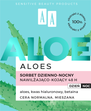 AA Aloe sorbet dzień/noc do twarzy. Opakowanie turkusowo-zielone z liśćmi aloesu, widok z przodu.