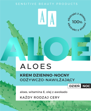 AA Aloe krem dzienno-nocny nawilżający w niebiesko-zielonym opakowaniu z liśćmi aloesu, widok z przodu.