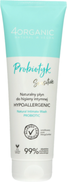 4ORGANIC Probiotyk Sensitive Naturalny płyn do higieny intymnej w biało-turkusowej tubce, widok z przodu.