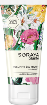 Biała tubka SORAYA Plante Roślinny żel myjący do twarzy, ozdobiona kolorowymi kwiatami, napis 99% naturalnych składników.
