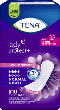 Fioletowe opakowanie TENA Lady Protect+ Normal Night, 10 podpasek nocnych, z ikonami ochrony i kwiatami.