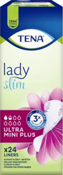 Opakowanie wkładek TENA Lady Slim Ultra Mini Plus x24, widok z przodu, z grafiką różowych kwiatów.
