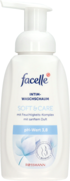 Pianka intymna Facelle Soft & Care w białej butelce z pompką, delikatny zapach, pH 3,8, widok z przodu.