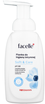 Biała butelka pianki intymnej Facelle Soft & Care z pompką, pH 3.8, delikatny zapach, widok z przodu.