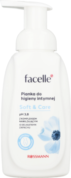 Facelle Soft & Care pianka do higieny intymnej, biała butelka z pompką, pH 3.8, delikatny zapach.