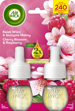 Air Wick elektryczny wkład Cherry Blossom & Raspberry 2-pak, różowe opakowanie z kwiatami i malinami, widok z przodu.