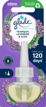 Glade Tranquil Lavender & Aloe, wkład do elektrycznego odświeżacza, 120 dni, lawenda i aloes, widok przód.