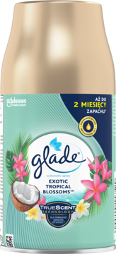 Glade Exotic Tropical Blossoms, wkład do automatycznego sprayu, złoty i turkusowy, z kwiatami i kokosem.