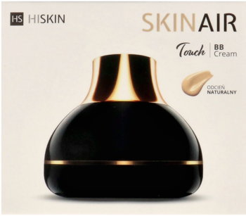 Matujący krem BB Hiskin Skin Air Touch w eleganckiej czarnej butelce ze złotym wykończeniem, z próbką.
