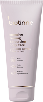 Biotinne Intensive Firming & Nourishing Body Care, balsam w białej tubie ze złotymi napisami, widok z przodu.