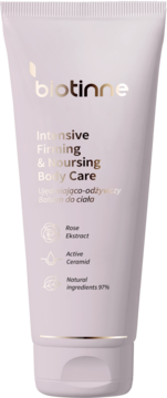 Biotinne Intensive Firming & Nourishing Body Care, balsam w białej tubie ze złotymi napisami, widok z przodu.