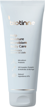 Biotinne Help Moisture Microbiom Body Care nawilżający balsam w białej tubce, widok z przodu.