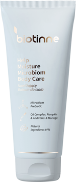 Biotinne Help Moisture Microbiom Body Care nawilżający balsam w białej tubce, widok z przodu.