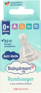 Front opakowania antykolkowych smoczków Babydream 0+, okrągłych, silikonowych, z widocznym smoczkiem, Rossmann.
