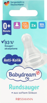 Babydream smoczek silikonowy okrągły, antykolkowy, 0+, bez BPA, 2 szt. Przezroczysty smoczek w opakowaniu.
