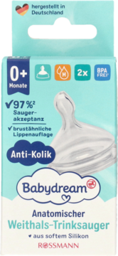 Babydream anatomiczny smoczek M antykolkowy silikonowy 0+, 2 szt. w niebieskim opakowaniu, widok z przodu.