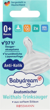 Opakowanie Babydream anatomiczny smoczek antykolkowy z silikonu, 0+ miesięcy, 2 sztuki, widok z przodu.