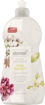 Butelka Domol Pear Perfect płyn do naczyń, biała z grafiką kwiatów gruszy i gwiazdki anyżu, widok z przodu.