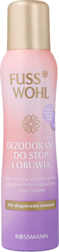 Fusswohl Dezodorant do stóp i obuwia w różowo-fioletowej butelce z złotą nakrętką, widok z przodu. Zapewnia 24h świeżość.