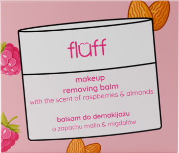 Fluff makeup removing balm, białe opakowanie z różowym logo, o zapachu malin i migdałów, widok z przodu.