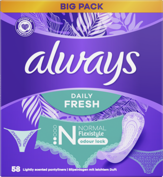 Fioletowo-złote Always Dailies Fresh Flexistyle Odour Lock, 58 lekko perfumowanych wkładek higienicznych, widok z przodu.