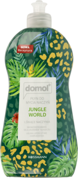 domol Jungle World płyn do naczyń, zielona butelka z tropikalnymi liśćmi i cętkami, Nowa Receptura, widok z przodu.