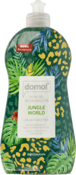 domol Jungle World płyn do naczyń, zielona butelka z tropikalnymi liśćmi i cętkami, Nowa Receptura, widok z przodu.