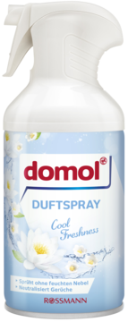Biała butelka odświeżacza powietrza Domol Cool Freshness, widok z przodu, niebieska etykieta z kwiatami.