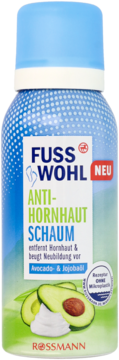 Fusswohl Anti-Hornhaut Schaum, niebieska puszka aerozolowa, widok z przodu, z awokado i olejkiem jojoba.