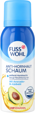 Fusswohl Anti-Hornhaut Schaum 100ml. Niebieska butelka z awokado i olejem jojoba, usuwa zrogowacenia, widok z przodu.